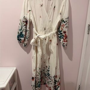 Cream Floral Wrap Midi Dress with Tie Waist